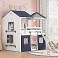 Harper & Bright Designs House Full Loft Bunk Bed with Tent,Kids Loft Bed with Ladders,Guardrail,Windows & Roof,Wood Full Over Full Playhouse Bunk Bed for Kids Teens Boys & Girls,Blue & White