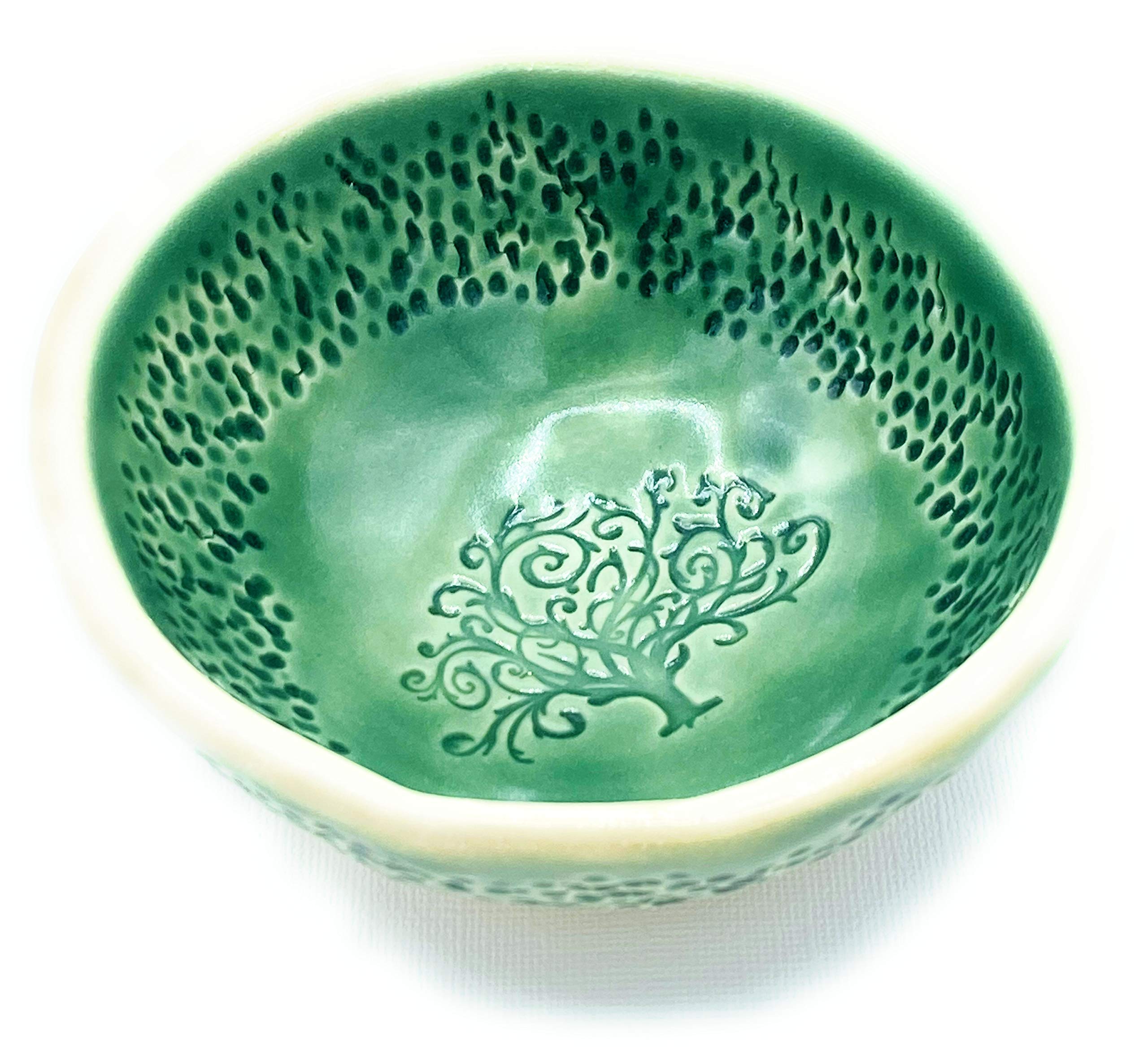 B JANECKA Green Tree of Life Bowl, 4.25 x 2 Inches, Handmade in USA, Pottery 9th Anniversary Gift