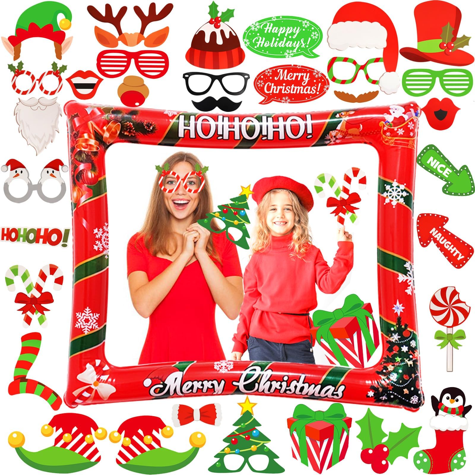 LMSHOWOWO 32pcs Christmas Photo Booth Props, Xmas Party Inflatable Photo Booth Frame, Red Inflatable Selfie Frame, Blow Up Picture Selfie Props Accessories, for Christmas Party Decorations