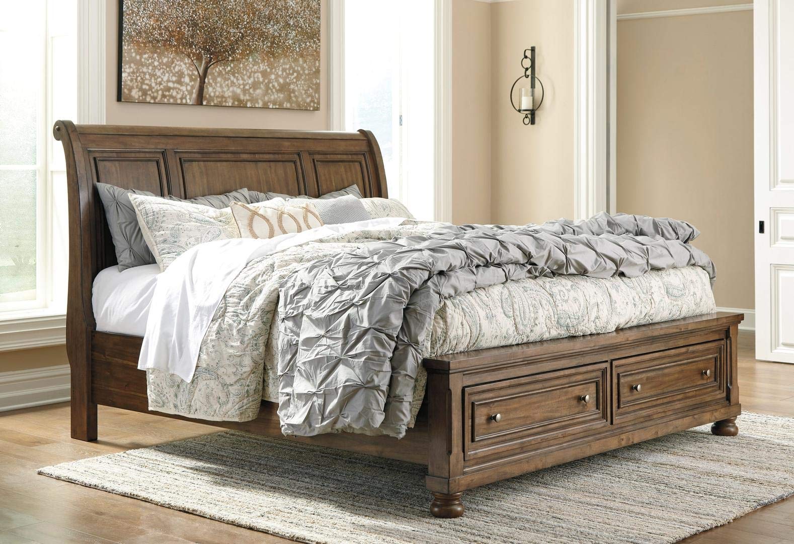 Photo 1 of ***HEADBOARD AND 2 LEGS ONLY IN BOX, BED FRAME NOT INCLUDED*** Signature Design by Ashley Flynnter Traditional Sleigh Headboard with Metal Accents ONLY, Queen, Light Brown