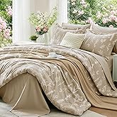 MUXHOMO Taupe Bed in a Bag Queen 7 Pieces, Queen Comforter Set Reversible Botanical Flowers Design, Ultra Soft & Breathable Bedding Sets with Comforter, Sheets, Pillowcases & Shams