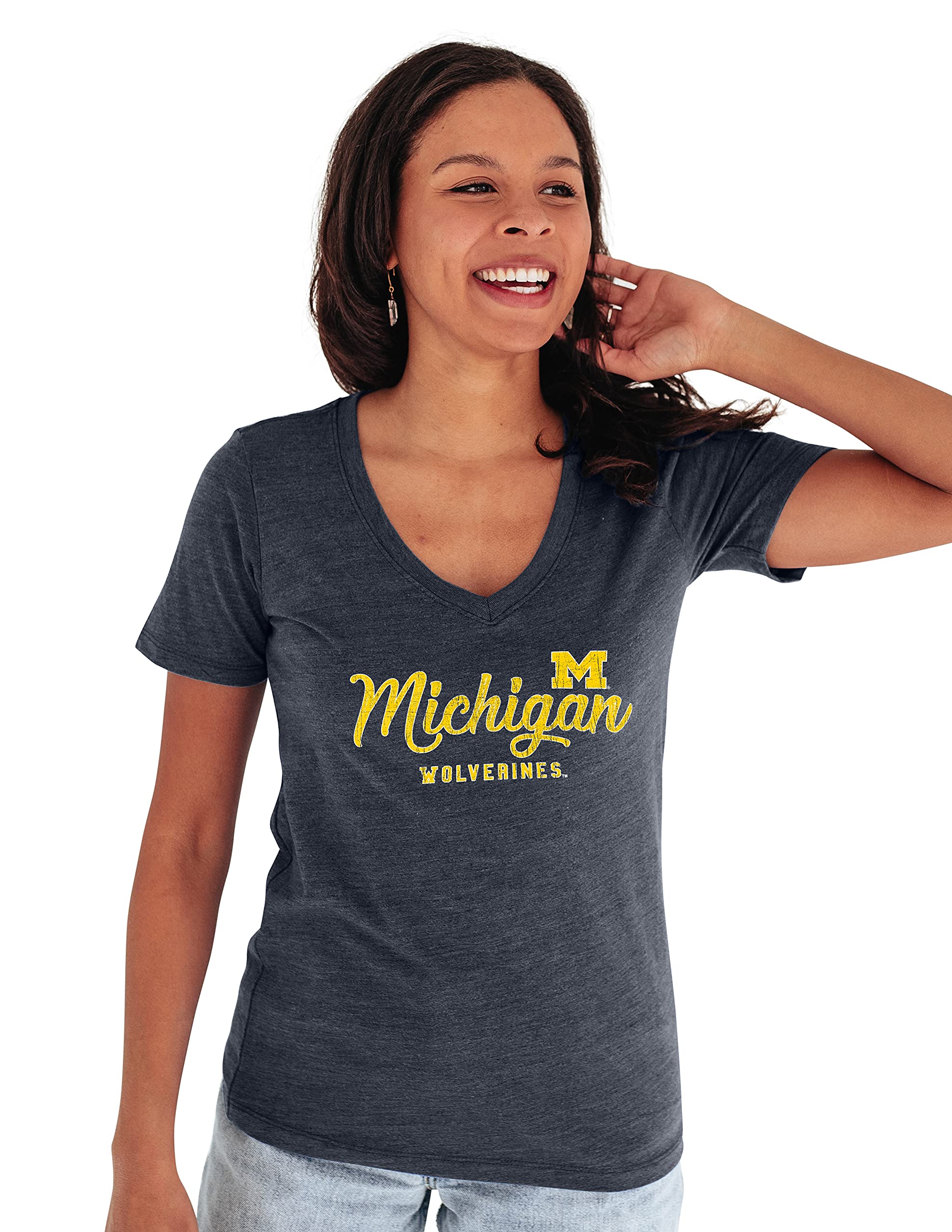 Blue 84 Women's Michigan Wolverines Premium V-neck Tri Blend T Shirt, Michigan Wolverines Navy, Small Image