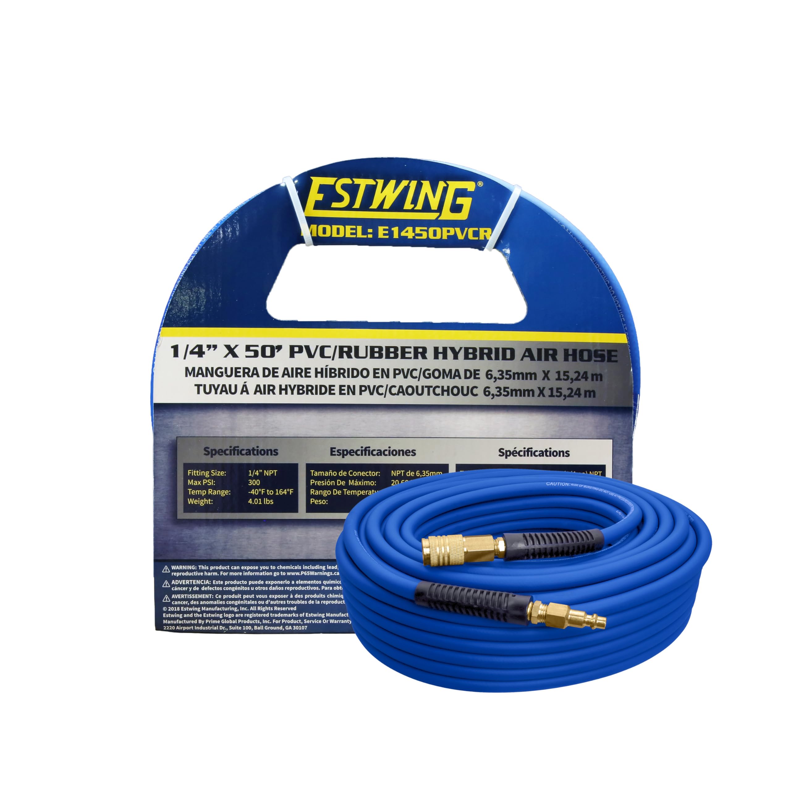 Estwing E1450PVCR 50' PVC/Rubber Hybrid Air Hose with Brass NPT Industrial Fitting and Universal Quick Connect Coupler, Blue and Yellow, 1/4" x 50’