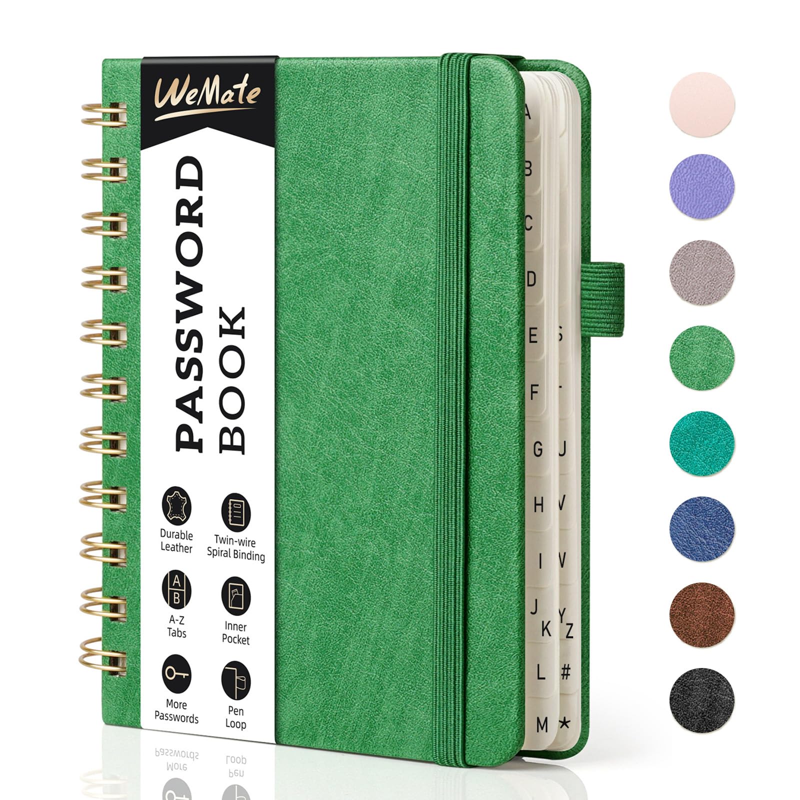 WEMATE Spiral Password Book with Alphabetical Tabs, Small Password Keeper Book for Seniors, Internet Password Notebook Hardcover Password journal logbook – 12 x 15cm (Grass Green) — image 1