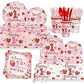 212ps Berry First Birthday Decor Strawberry 1st Birthday Paper Plates Cups Napkins Tablecloth Forks Tableware Berry 1st Bday Party Supplies Sweet One Girls Strawberry Baby Shower Decorations Serve 30