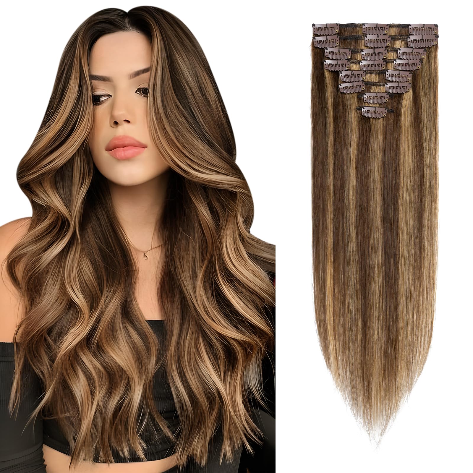 Elailite Clip in Hair Extensions Real Human Hair Remy Hair Full Head - 8 Pcs Invisible Thin Weft - Mix #4/27 Medium Brown & Dark Blonde - 16 Inch — image 1