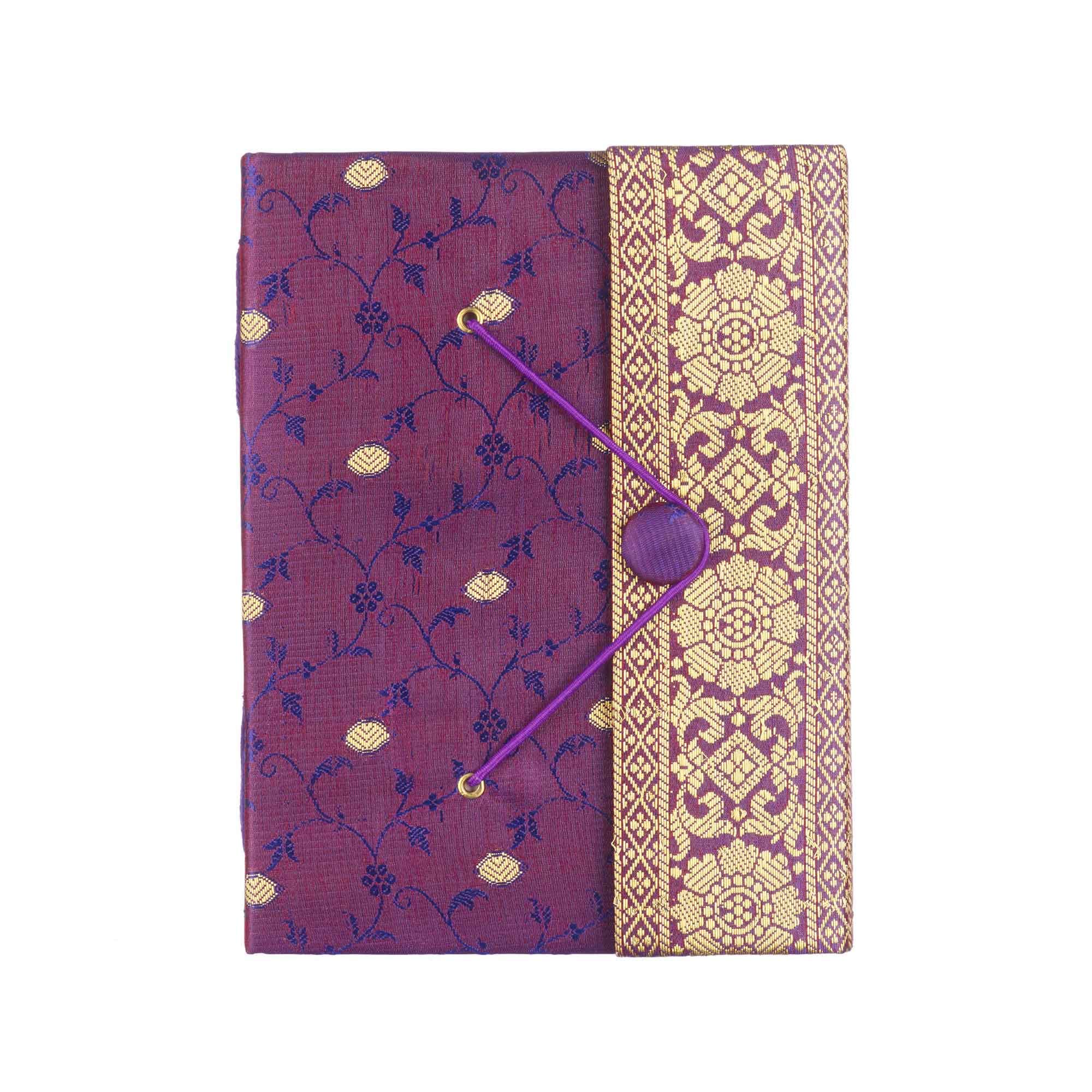 Sari Journal Large 14cm x 18.5cm - Purple - Unlined Recycled Paper - Elastic Closure - Notebook and Diary - Indian Stationery Gift - For Men Women Students - Sari Fabric