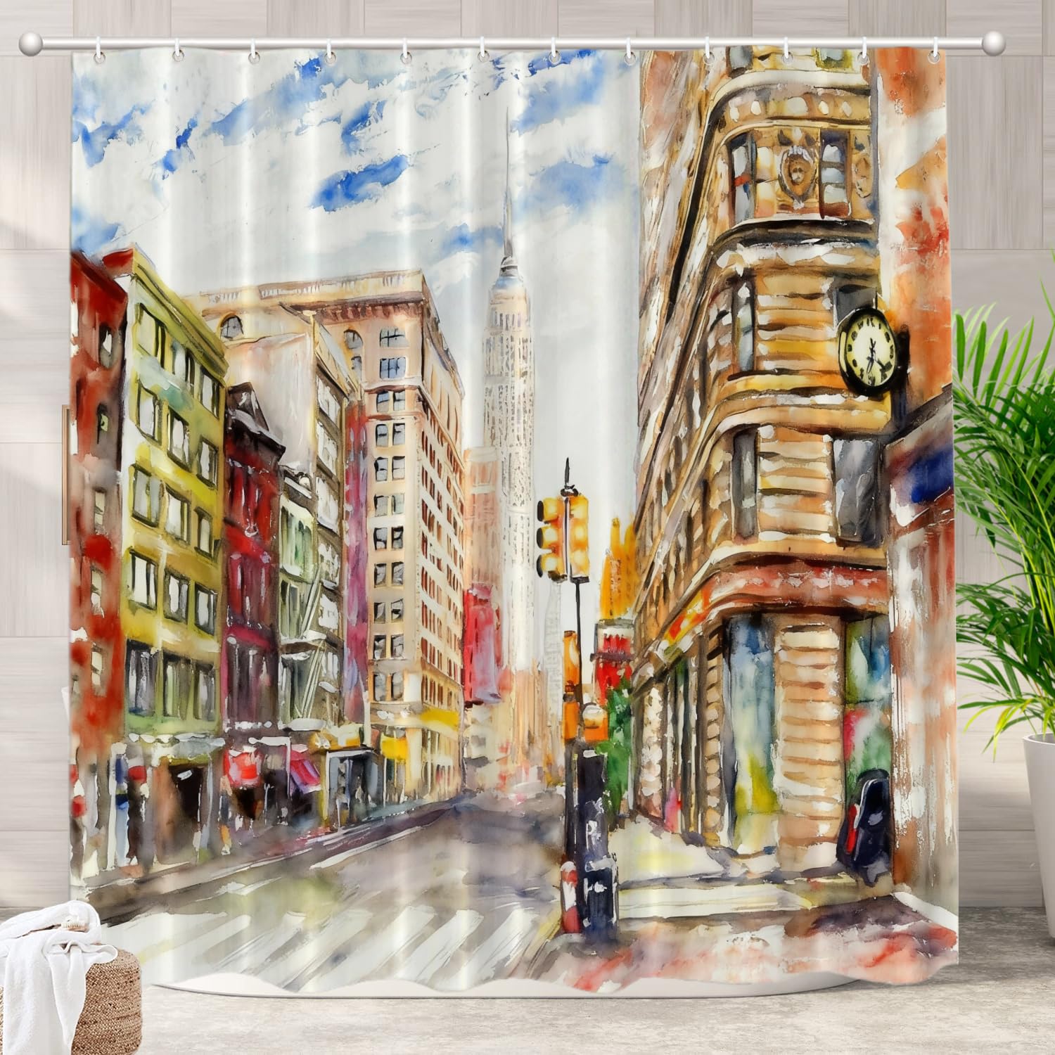Batmerry Brown Modern New York Decor Shower Curtain,City Bathroom Decor Polyester Fiber Plastic Rings Quick-Drying Waterproof for Bathtubs/Bathroom, 72x72 inches