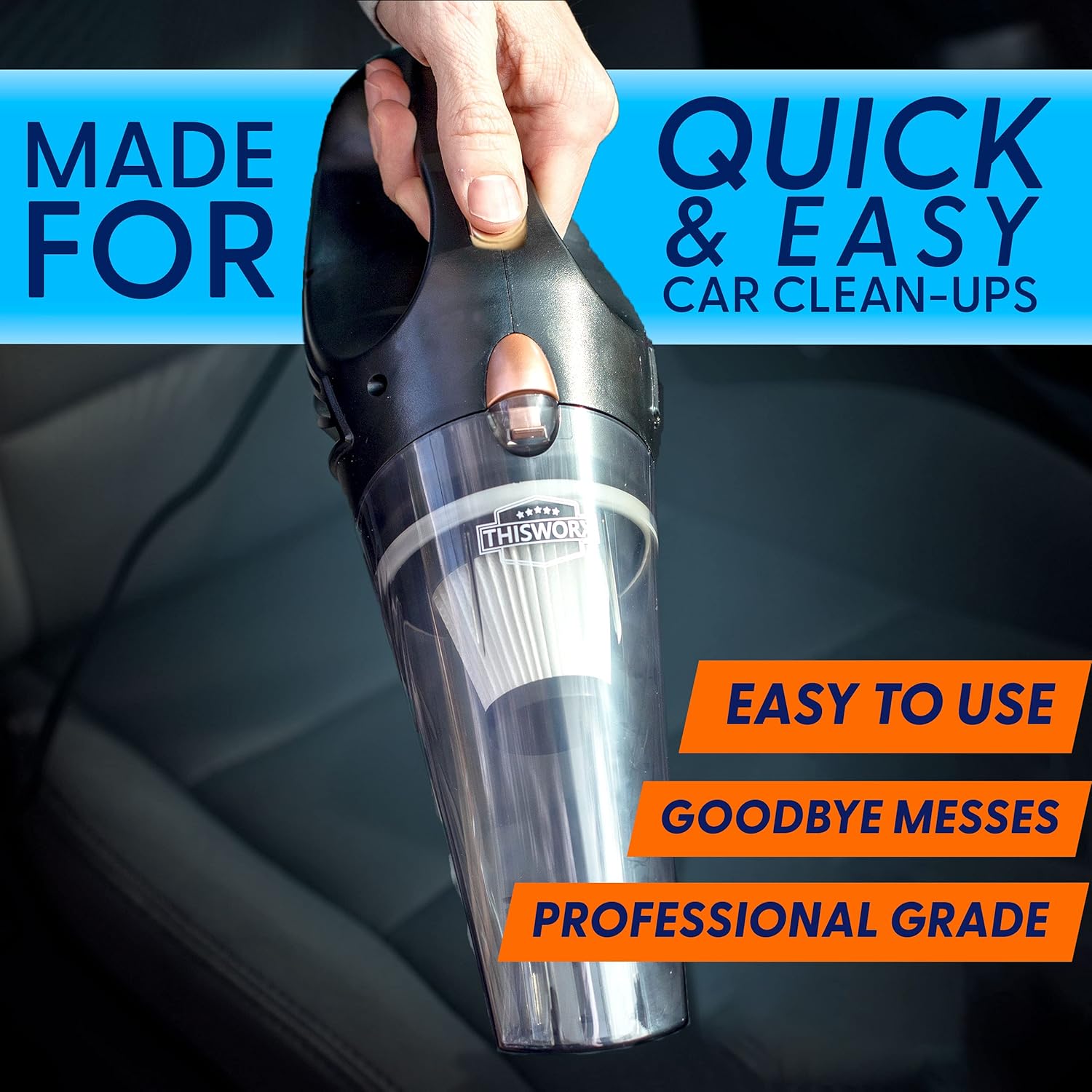 ThisWorx Car Vacuum Cleaner - Portable, High Power, Handheld Vacuums w/ 3 Attachments, 16 Ft Cord & Bag - 12v, Auto Accessories Kit for Interior Detailing - Black: Automotive