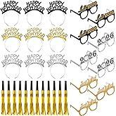 Zhanmai 30 Pcs 2026 New Year Party Supplies Includes 9 Happy New Year Headband 9 Eyeglasses 12 Golden Glitter Metallic Fringed Noise Makers Photo Props for 2026 Party Favors