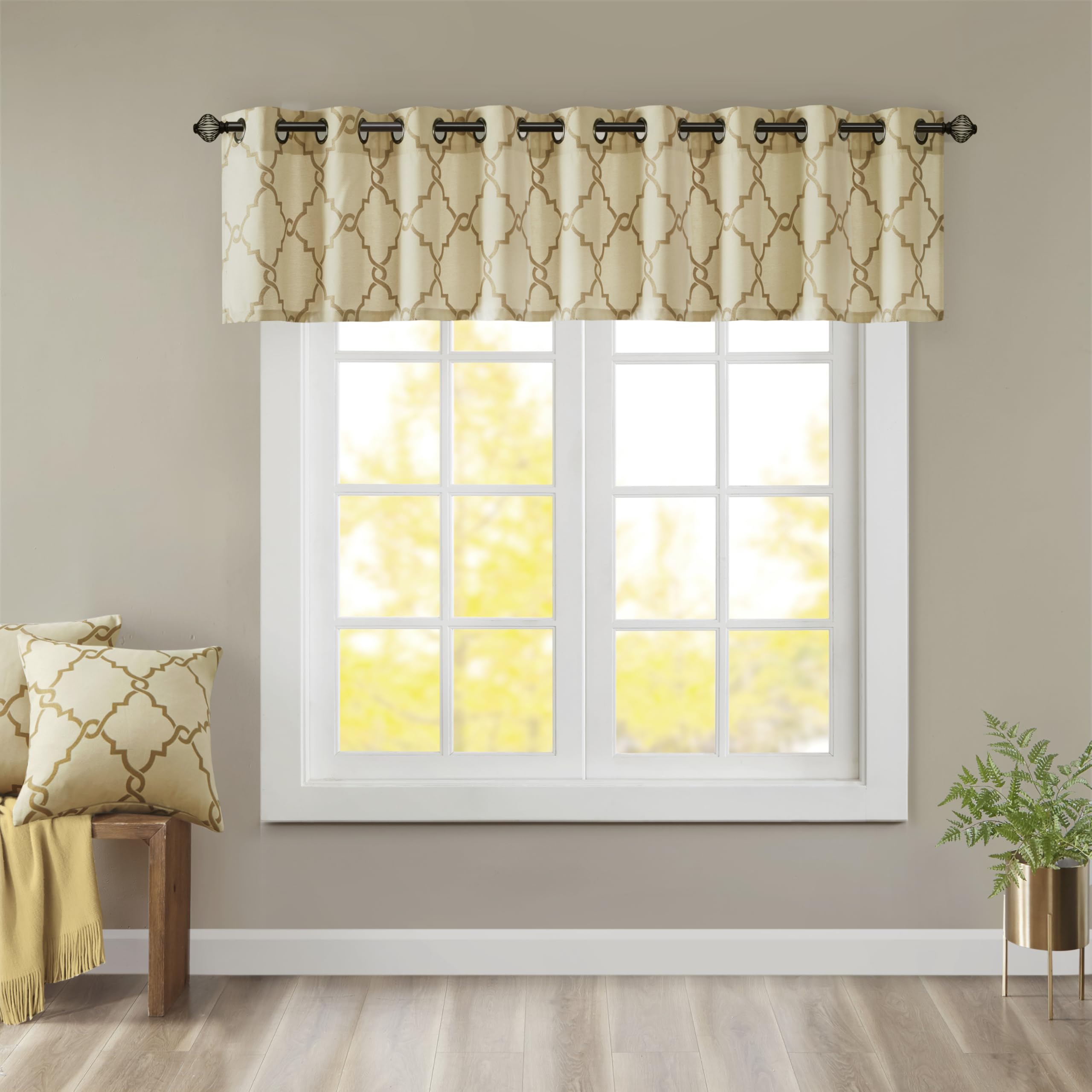 Madison Park Saratoga Light Filtering Fretwork Print Grommet Top Window Valance Swags for Living Room Bedroom and Kitchen, 50"x18", Beige/Gold