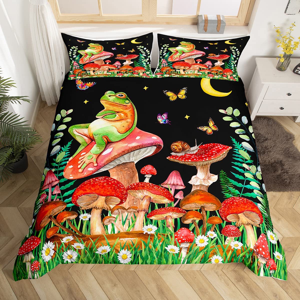 Manfei Mushroom Duvet Cover Set King Size, Frog Snail Flower Bedding Set 3pcs for Kids Boys Girls Bedroom Decor, Butterfly Star Moon Comforter Cover Botanical Floral Quilt Cover with 2 Pillowcases — image 1