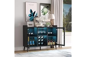 Wine Bar Rack Cabinet with Light, 35 in Tall Small Liquor Bar Cabinet,Industrial Freestanding Sideboard with Glass Holder, Mu