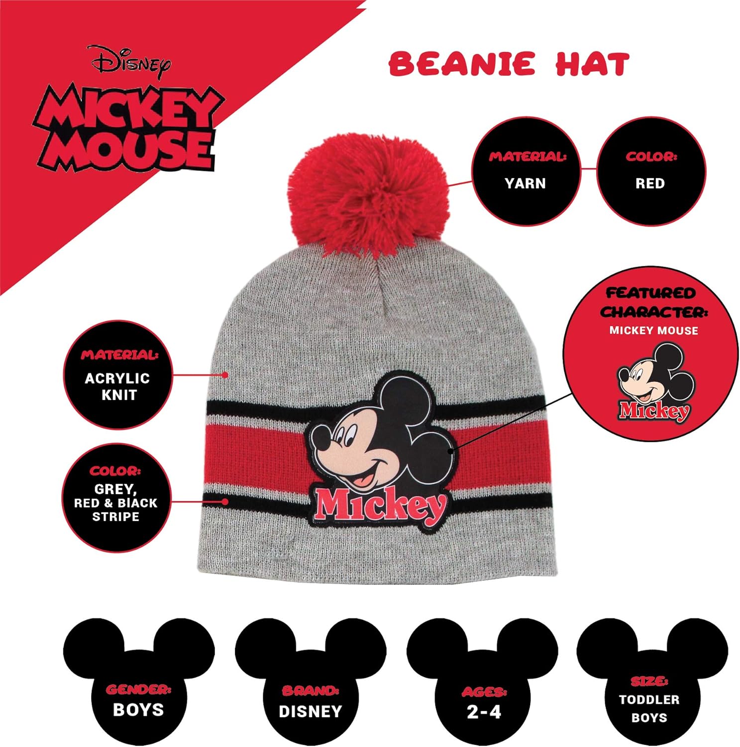 Mickey Mouse boys Scarf, and Mitten Set Cold Weather Hat, Grey/Red, 2-4T US: Clothing