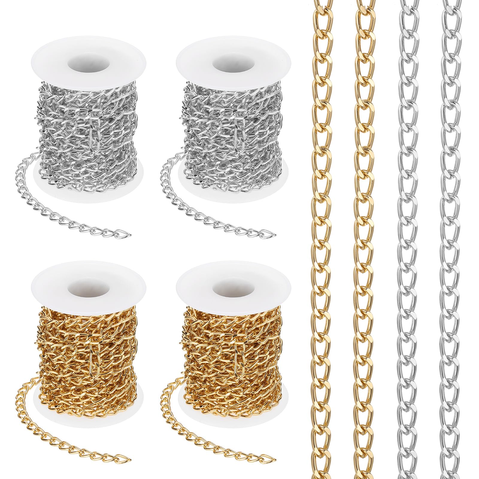 PATIKIL 65.6Ft Aluminium Curb Chains Twisted Links, 4 Rolls 9x6mm Curb Chain Spool Jewelry Making Chains Craft Chain for Necklace Bracelet Earring, Gold/Silver