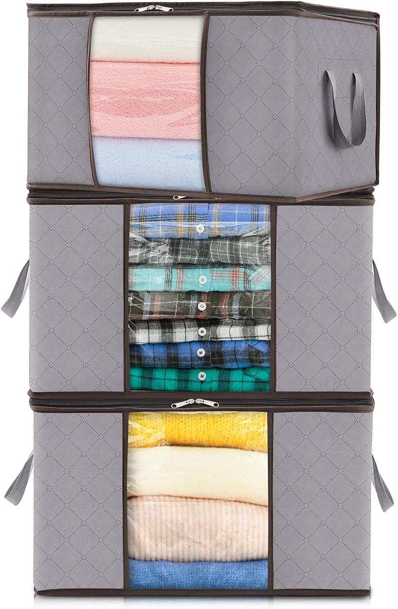 Lifewit 50L Clothes Storage Bags 3 Pack Large Storage Box With Lid Grey