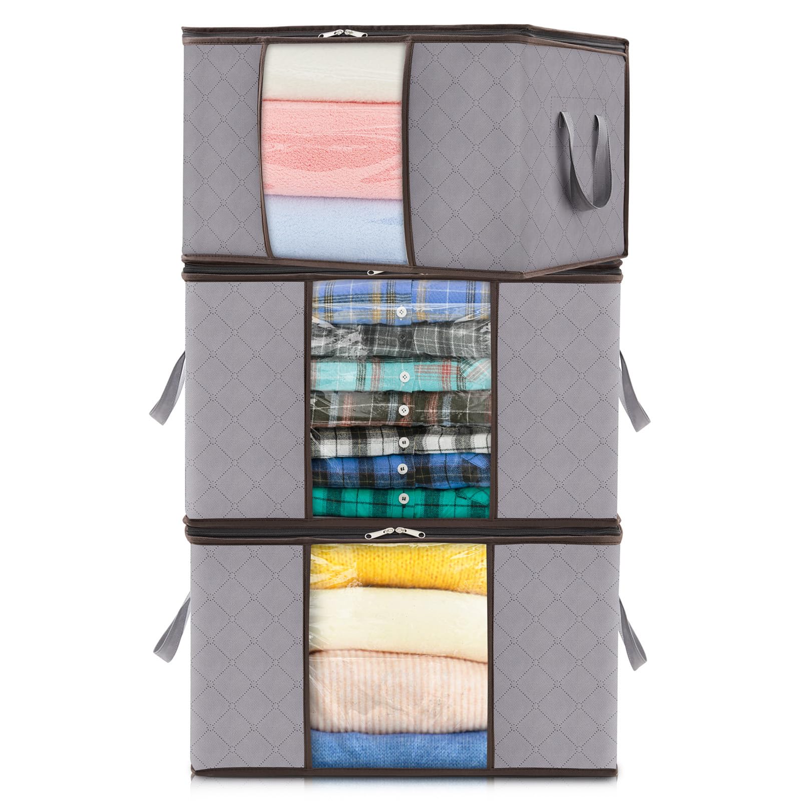 Lifewit 50L Clothes Storage Bags Large Storage Box With Lid Packing Boxes for Moving House With Reinforced Handle Thick Fabric Clear Window for Clothes Duvet Blankets Bedding, 3 Pack, Light Grey