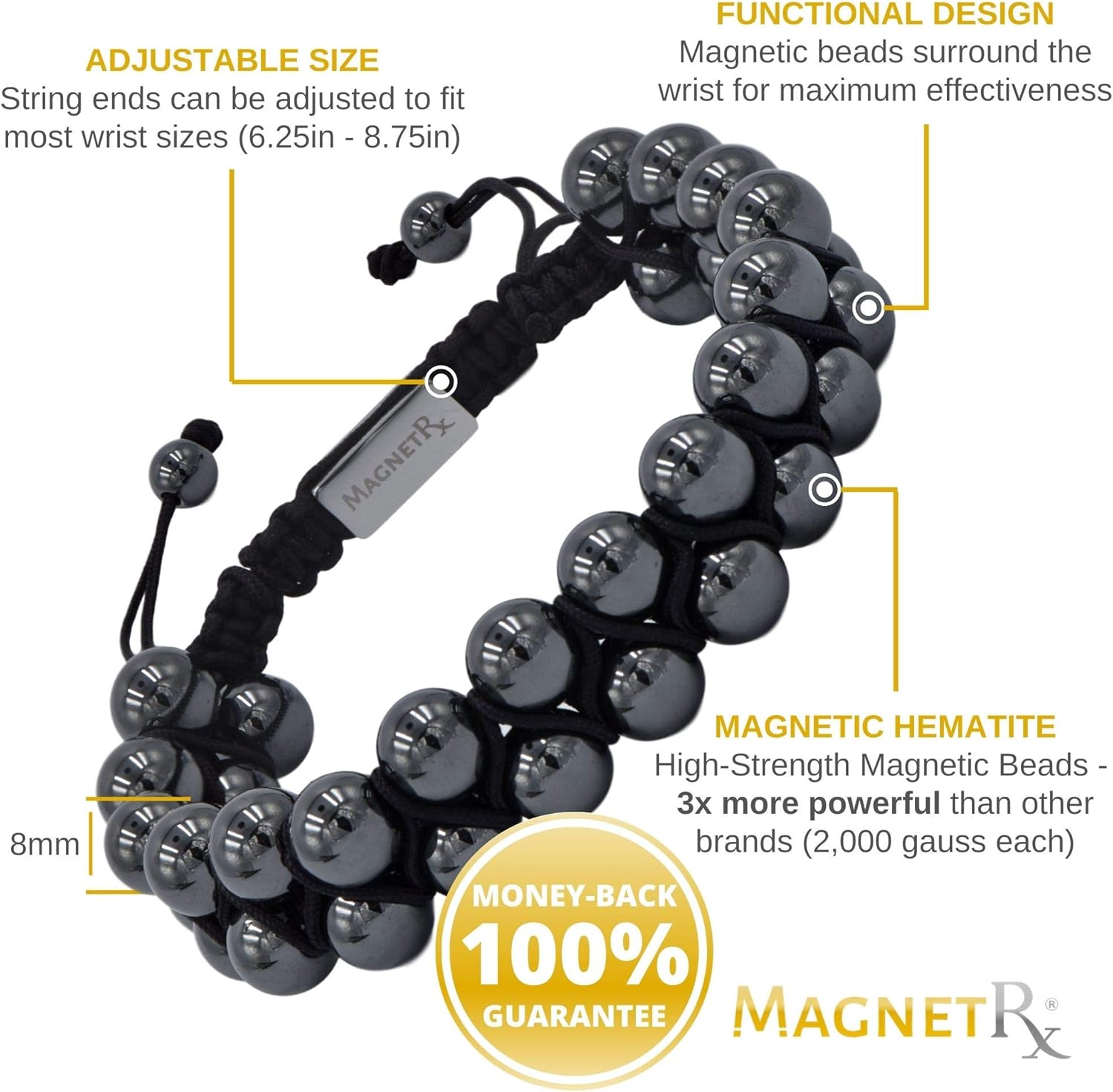 MagnetRX® Hematite Magnetic Therapy Bracelet - MAX Strength Natural Pain Relief and Healing Stones - Beaded Magnetic Hematite Bracelets (Double Strength 8mm): Health & Personal Care