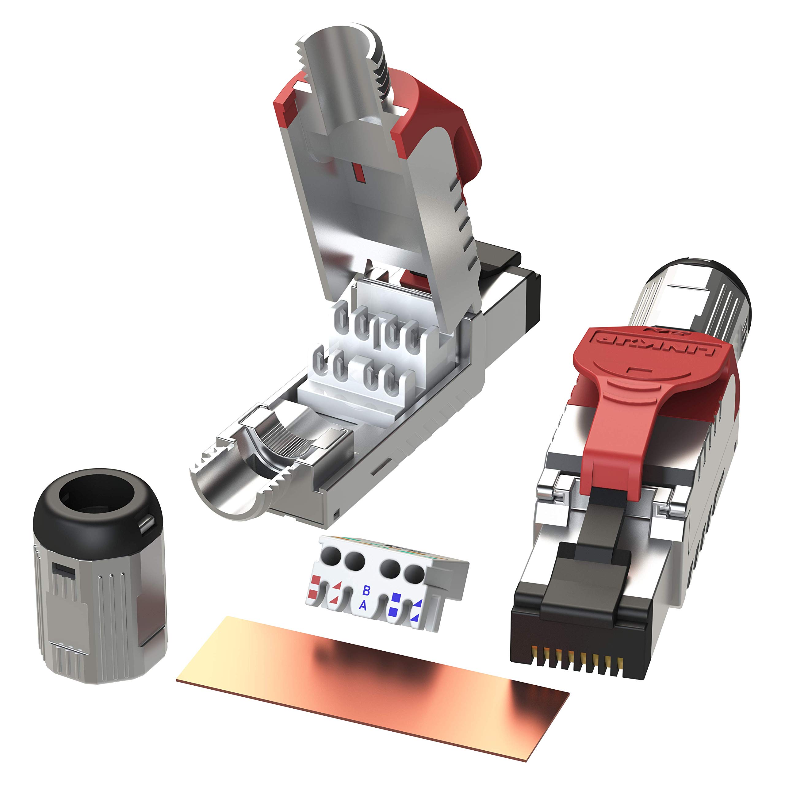 LINKUP - RJ45 Connectors Cat6A (12 Pack) Shielded Metal Die-Cast Field Modular Termination Plug | 10G Easy Internet Tool Free Plugs | For Cat6A up to 22AWG Solid Bulk S/FTP Ethernet Cable [Red]