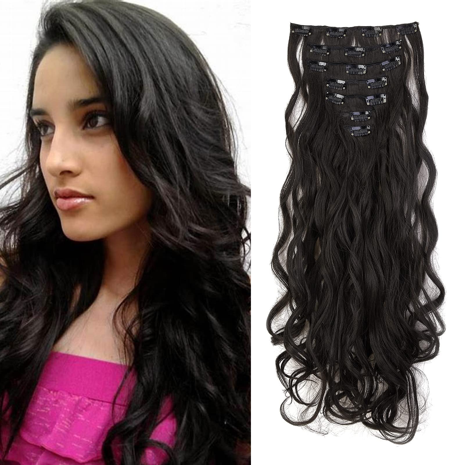 Gairyan 20inch Curly Brown Hair Extensions Clip in Long Hair Extension 7PCS Full Head Synthetic Wavy Hairpiece for Women (Dark Brown) โ image 1