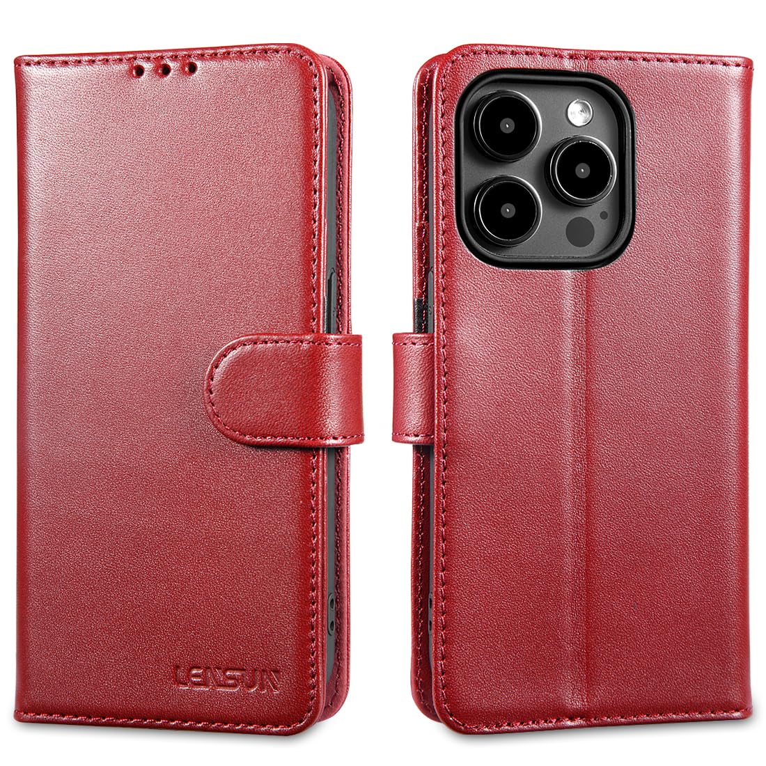 LENSUN Case for iPhone 15 Pro, Genuine Leather Wallet Phone Flip Cover [RFID Blocking] with Card Holder and Magnetic Closure for Apple iPhone 15 Pro 5G - Wine Red