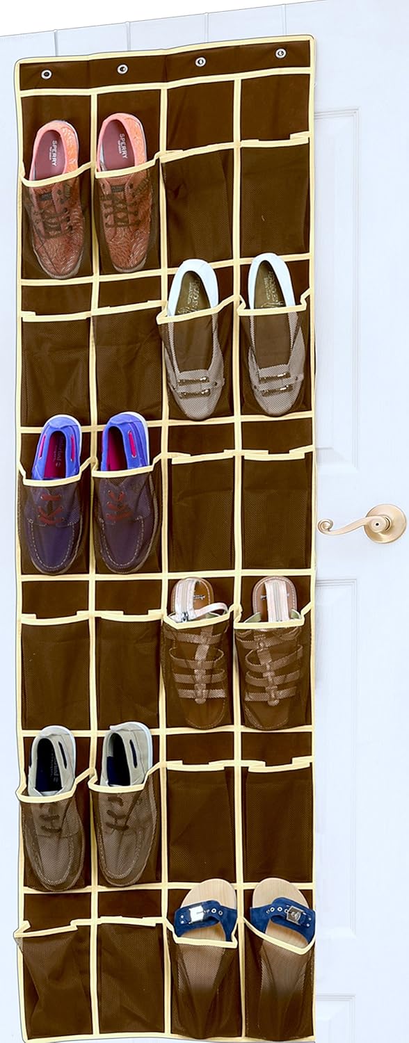 Shoe Organizer Storage Over the Door Hanging 24 Pockets Brown Closet