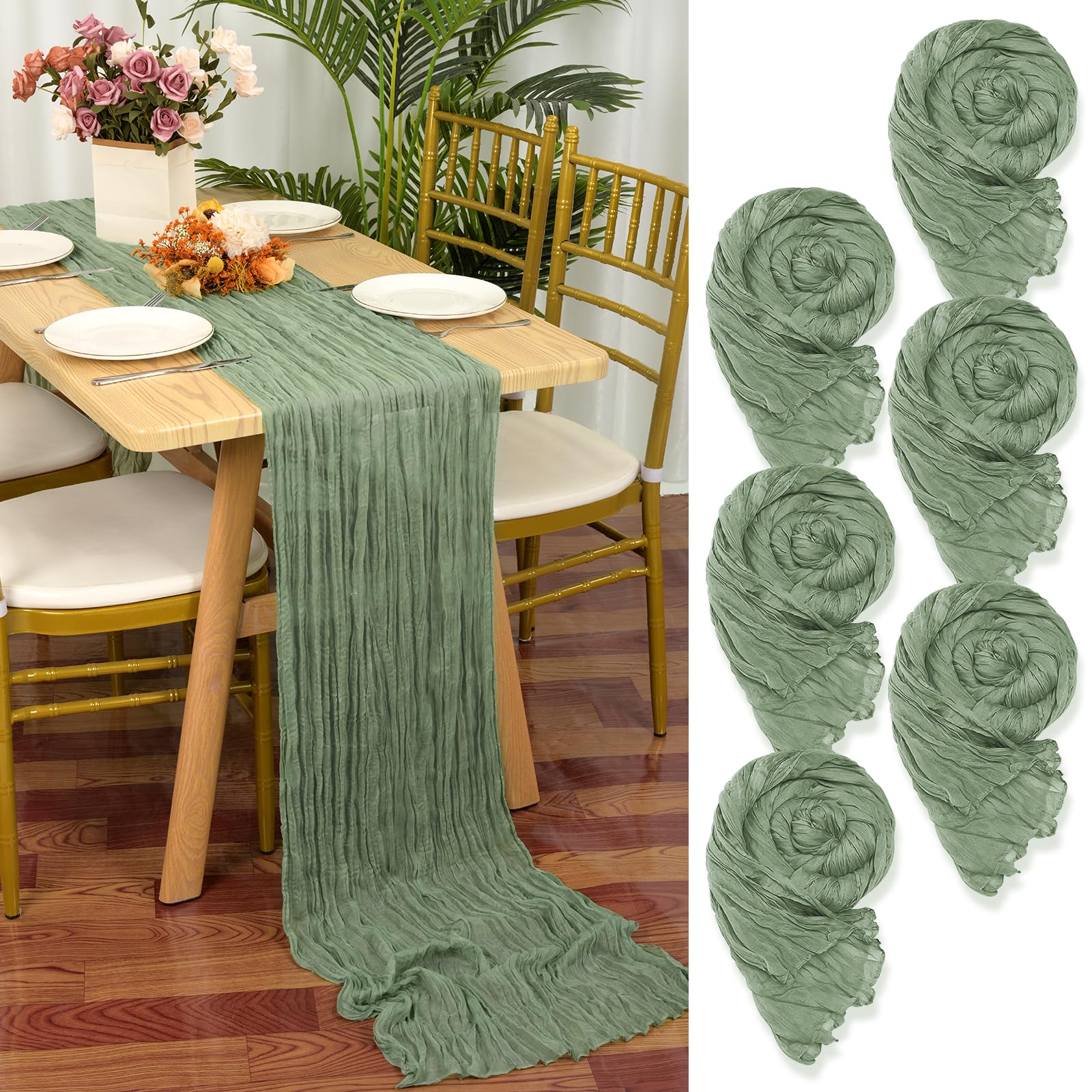 YMHPRIDE 6 Packs Cheesecloth Table Runner Sage Green, 90x300cm Green Rustic Gauze Fabric Boho Table Runner, Cheesecloth Wedding Table Decor for Wedding Party Bridal Shower Table Decorations