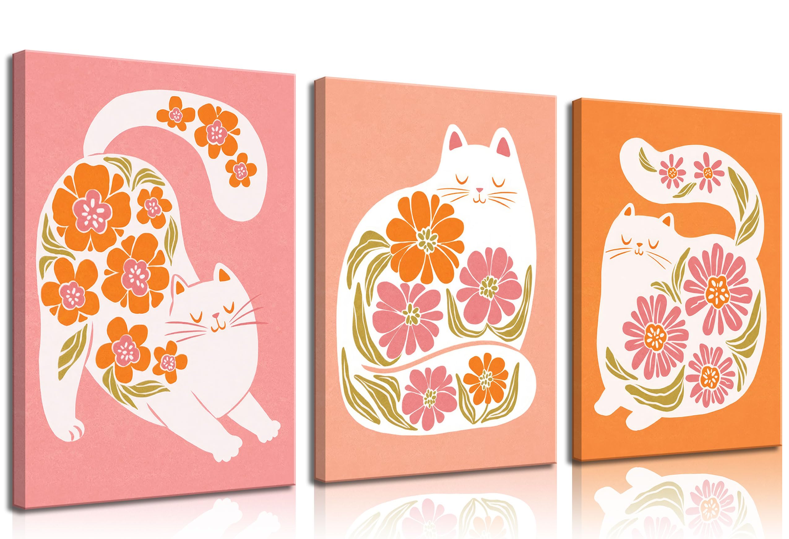 Photo 1 of ***ONE FRAME IS CUT OUT OF THE THREE*** 2pcs Boho Cats Canvas Wall Art Funny White Cat Wall Decor Pictures Cute Colorful Floral Cats Posters Prints for Living Room Bedroom Bathroom Nursery Home Decoration Ready To Hang