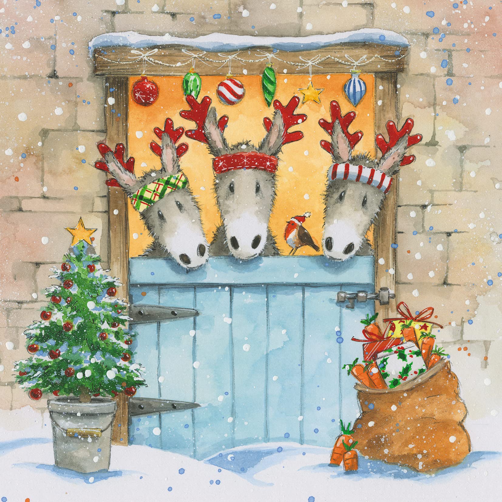 Paper House Pack of 6 Artistic Charity Christmas Cards - 'Popping by for a Visit' - Lovely Design with Donkeys and Presents - 6 Cards of 1 Design