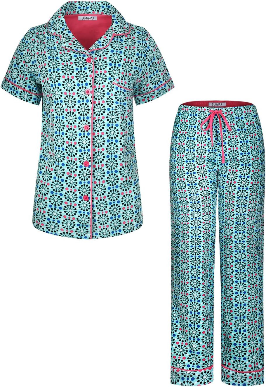 Women's Printed Cotton Short Sleeve Notch Collar Button-Down Pajama Shirt & Long Pants Set Turquoise S
