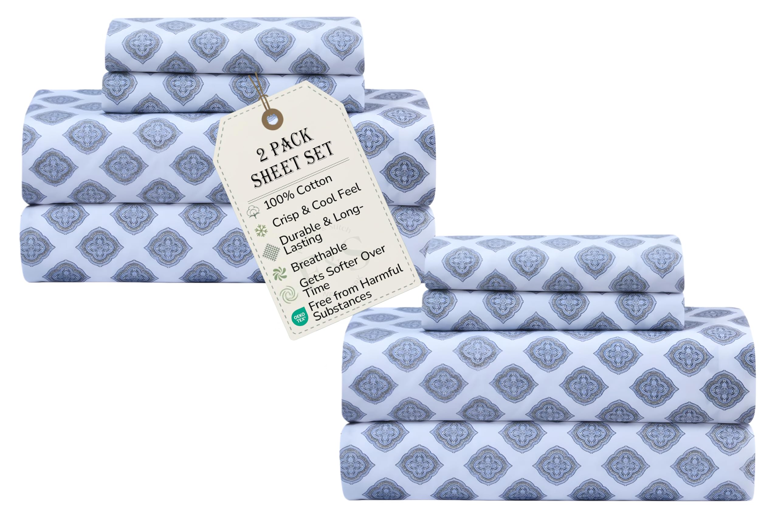 Feather & Stitch Softest 100% Cotton Sheets 2 Pack, 300 Thread Count Percale Weave Bedding, 16" Deep Pocket, Cooling Sheets, Breathable Bed Set, Hotel Premium Quality (Twin, Diamond)