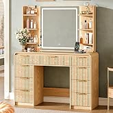 GRUTEUNIT 43" Makeup Vanity Desk with Mirror and Lights&amp;Power Outl, 3 Adjustable Light Color,Glass Top Big Vanity Table with 9 Drawers &amp; 6 Shelves,Girls Vanity for Bedroom, Wood
