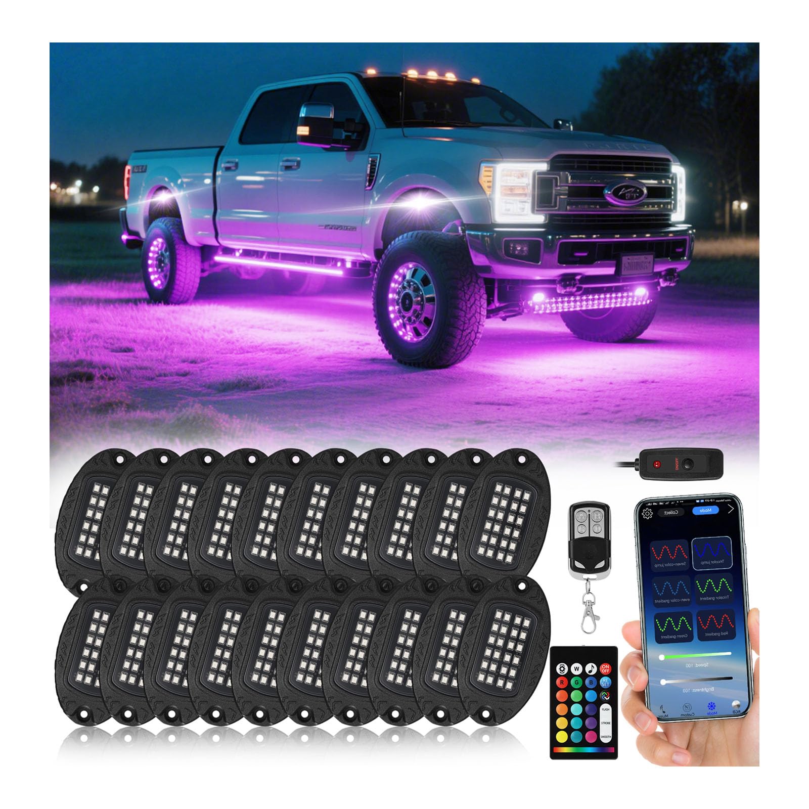 Photo 1 of 20 Pods Segmented Alloy RGB LED Rock Lights for Semi Trucks Trailer Pickup Offroad Boat RV, Waterproof Shockproof Metal Underglow Kit with APP/RF Control Sync Music Multicolor Underbody Fender Light