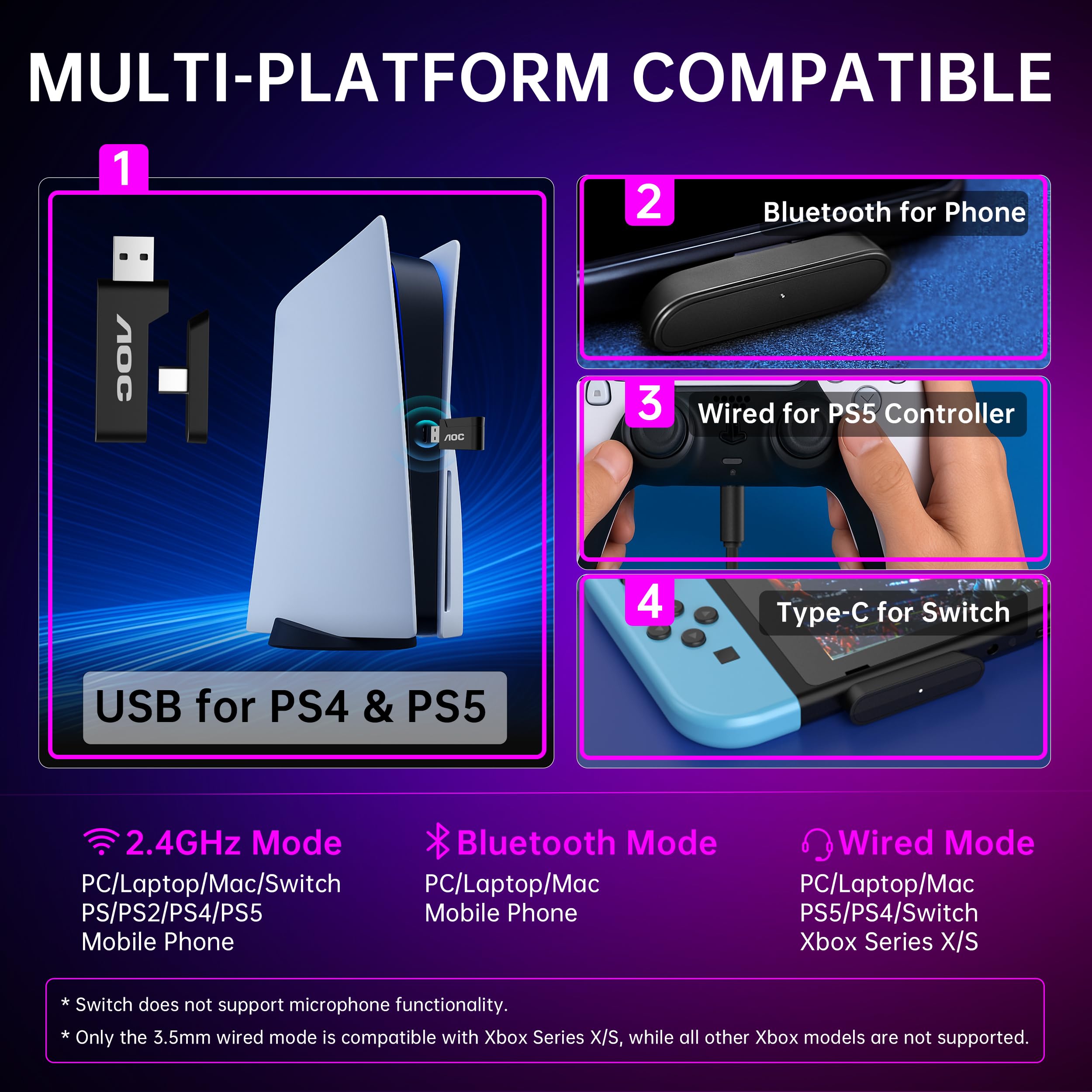 AOC Wireless Gaming Headset Compatible with PS5/4, Nintendo Switch, PC, Bluetooth 5.4 & 2.4GHz Gaming Headphones with Noise Canceling Mic, RGB, Type-C, 20ms Latency, 45H, 7.1 Virtual Surround- Black