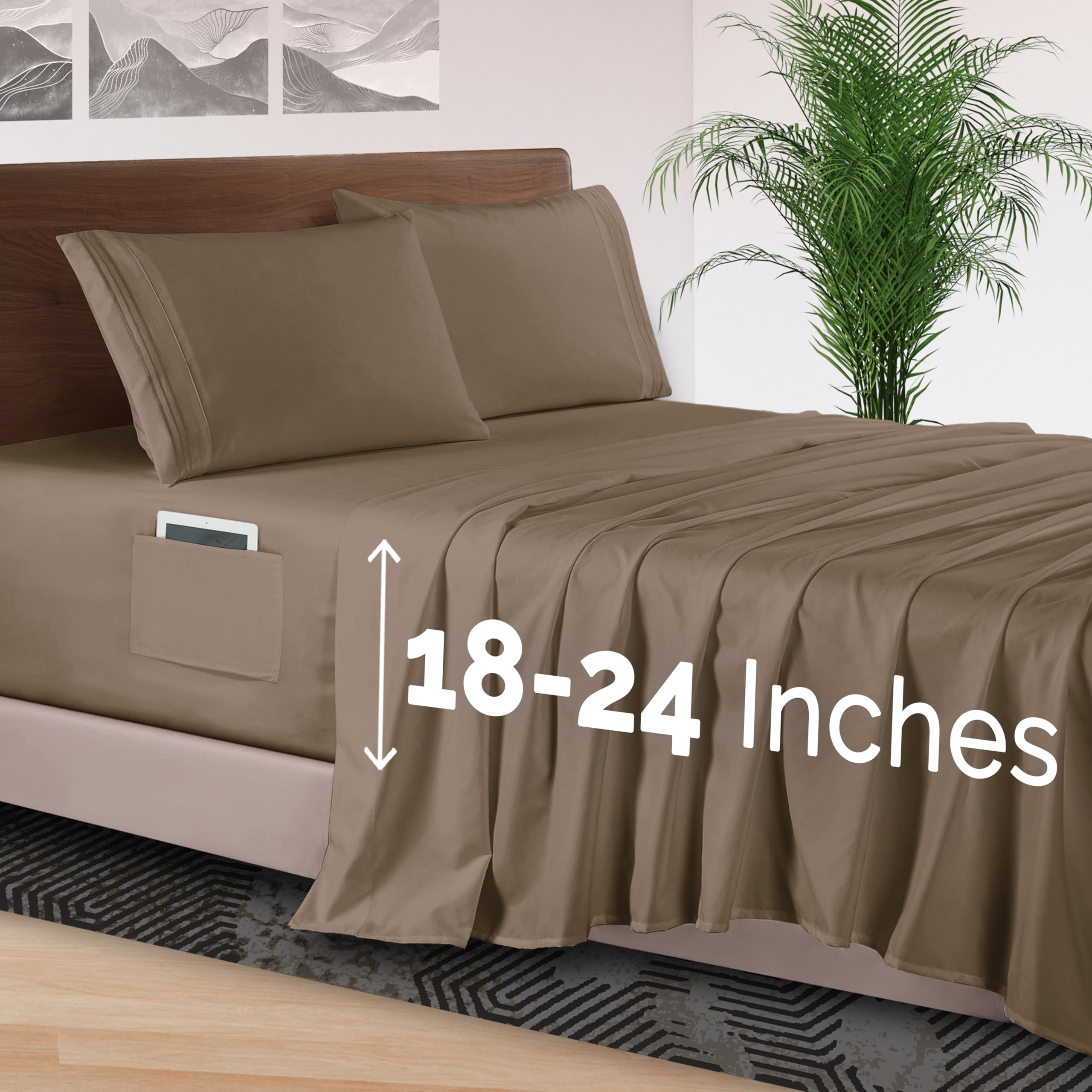 Elegant Comfort 4-Piece Bed Sheet Set - Luxury Bedding 1500 Premium Hotel Quality Microfiber, All Around Elastic 18-24 Inches Deep Fitted Sheet- Extra Deep Pocket Sheets, King, Taupe Tan Image