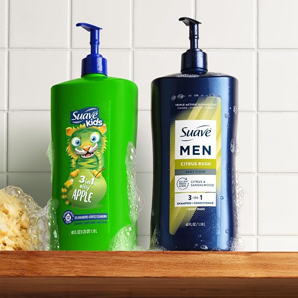 SUAVE MEN CITRUS RUSH DAILY CLEAN 3 IN 1 SHAMPOO, CONDITIONER & BODY WASH WITH GLYCERIN & KERATIN HYDRATES & SMOOTHS HAIR, CITRUS SCENT, 4 COUNT, 40 FL OZ PUMP