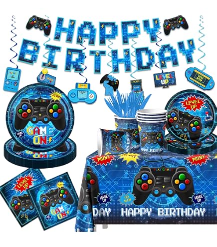 Kit Vajilla Infantil De Videojuegos Para 20 Personas - Platos, Vasos, Mantel Y Decoración De Cumpleaños Temático