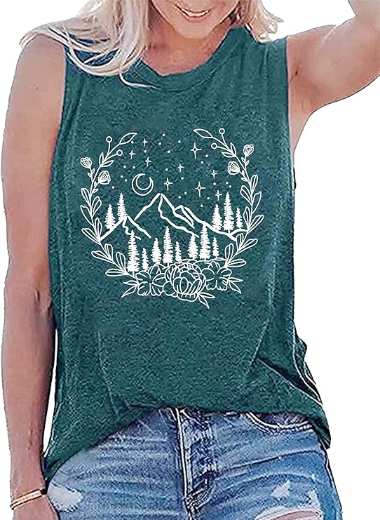 Hiking Tank Tops for Women Floral Mountain Graphic Tee Shirt Sleeveless