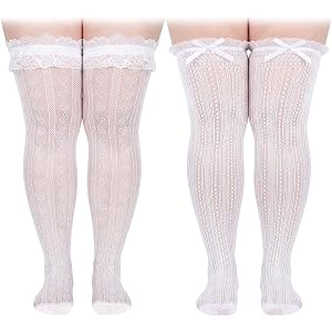 Jamntower 2 Pair Oktoberfest Socks Women Dirndl Socks Lace Plus Size Trim Ruffle Long Bow Satin White Knee High Stockings