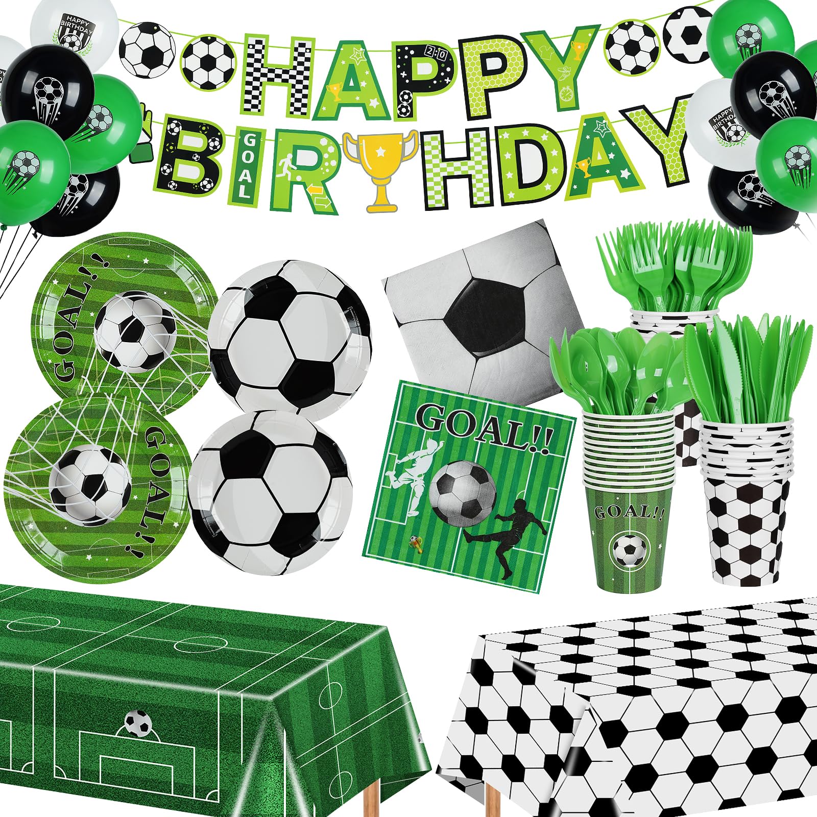 Photo 1 of 185 Pcs Soccer Party Decorations Soccer Birthday Party Decorations Serves 24, with Plates Napkins Cups Fork Knives Spoon Tablecloth Banner Balloons Sports Soccer Decorations for Party