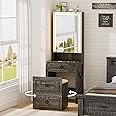 Lvifur Small Vanity Desk with Mirror and Lights, Modern Glass Top Dressing Table with Wheels & Charging Station, Compact Makeup Vanity Set with Jewelry Space & Hidden Storage Stool (Rustic Brown)