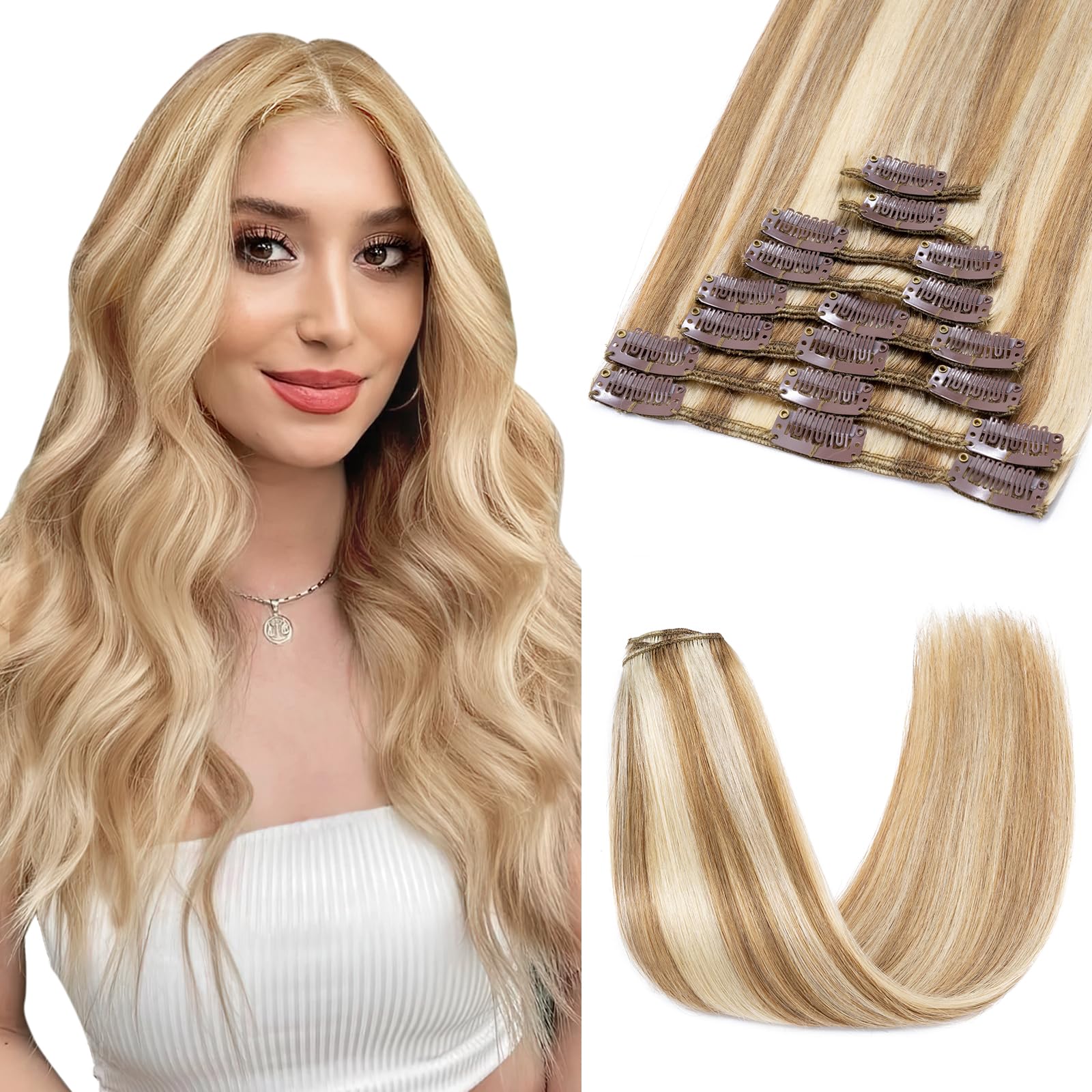 SEGOHAIR 8 PCS Hair Extensions Clip in Real Human Hair, 8 inch Thin Full Head Human Hair Extensions Straight - Light Golden Brown with Bleach Blonde(45g) — image 1