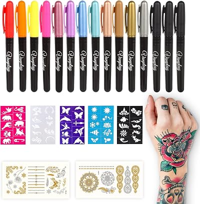 Vanplay Temporary Tattoo Pens Kit 15 Colors Stencils Stickers Face Paint for