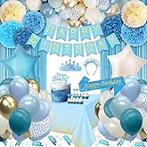70PCS Blue Birthday Decorations, Birthday Decor Blue, Light Blue Birthday Decorations for Women Men Boys Girls Baby, Balloons, Banner, Pom Poms, Fringe Curtain, Crown, Sash, Tablecloth, Topper, Guide