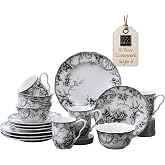 222 Fifth Adelaide 16-Piece Black Porcelain Dinnerware Set &ndash; Service for 4, Featuring Hand-Applied Romantic Woodland Bird Design, Everyday Big Dinner Plates and Bowls Sets, Microwave &amp; Dishwasher Safe