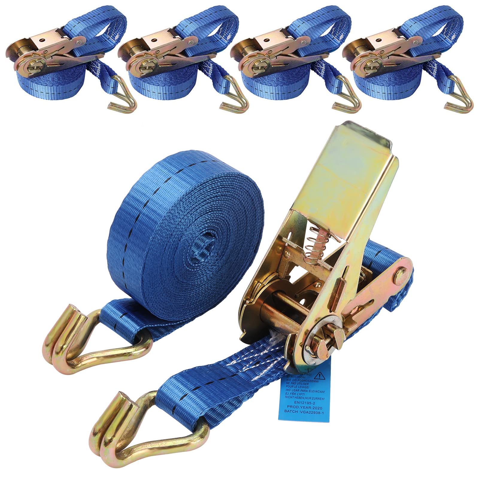 BOMKEE Ratchet Tie Down Straps, 4 Heavy Duty Tensioning Belts with Hook & Quick Release Cam Buckle, 5m x 2.5cm, Lifting Straps for Motorcycle, Cargo, Trucks, Trailer