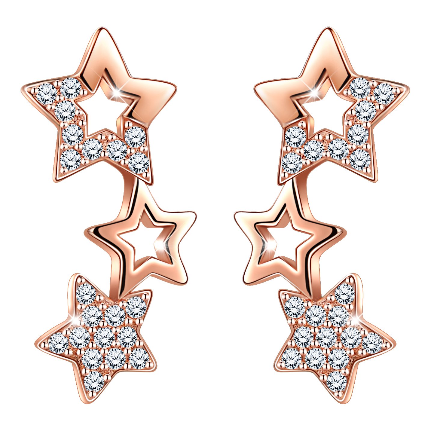 Infinite U Women's girl's Studs Earrings, 925 Sterling Silver Cubic Zirconia Stars Climbing Earrings, Ear Crawler Stud, gift for Christmas birthday, Rose gold
