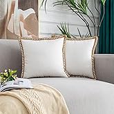 HYOUBALA Decorative Outdoor Throw Pillow Covers 18x18 Set of 2- Burlap Linen Trimmed Tailored Edges Farmhouse Pillow Cases for Couch Sofa Livingroom (Off White, 18x18)