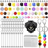 LOIKMIUP 124 Pcs Beadable Keychains Bar Kit - 12 Pcs Beaded Key Chain Bars Bulk with Silicone Beads, Spacer Beads, Resealable Bags & Thank-You Cards for DIY Beaded Keychain Charms for Woman Man
