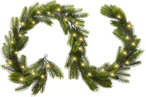 NOICLUB 9FT Real Touch Norfolk Pine Garland Christmas with Light Winter Artificial Faux Greenery Garland Table Mantle Stairs Fireplace Wall Decor Outdoor Indoor Porch Home Decorations (Battery Not Included)